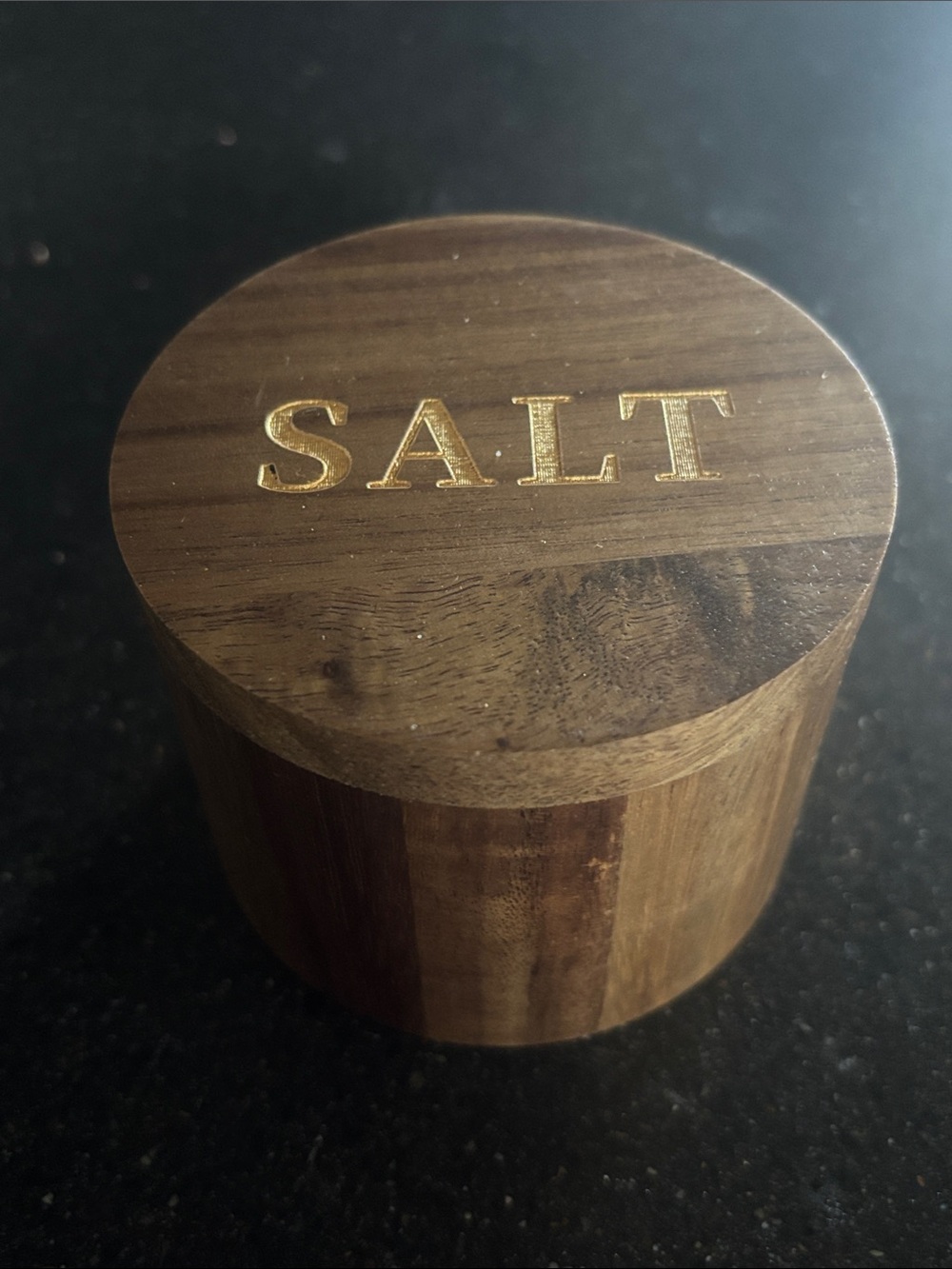 Wooden Salt Cellar with Gold Lettering - Brown